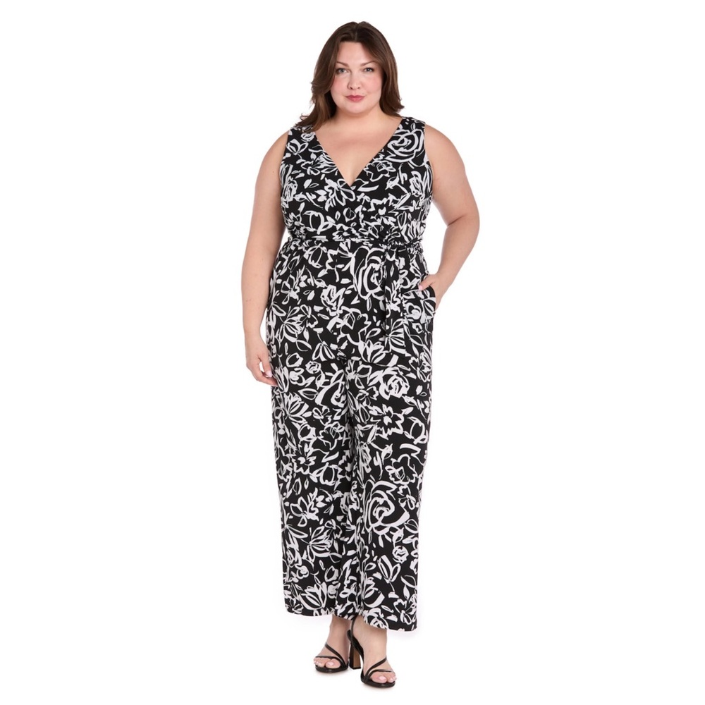 R&M Richards Black & White Floral V-Neck Jumpsuit